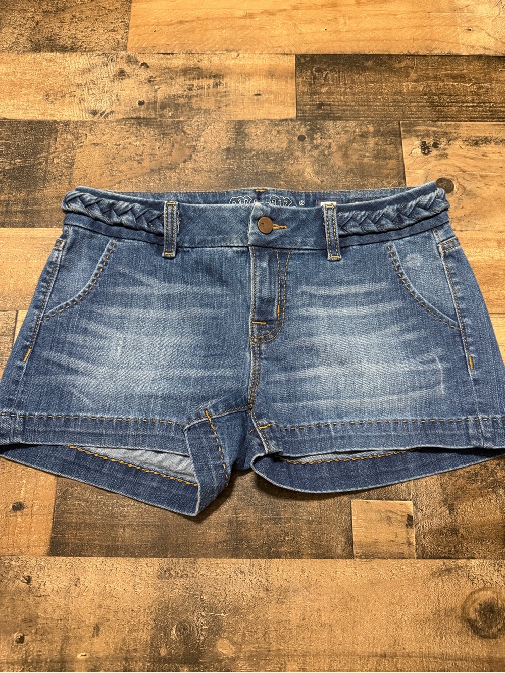 Miss Me Braided-Waist Medium Blue Denim Mid-Rise Jean Shorts